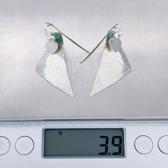 Sterling Silver Abstract Hammered Triangle Heart Green Nephrite Dangle Earrings - Picture 6 of 6